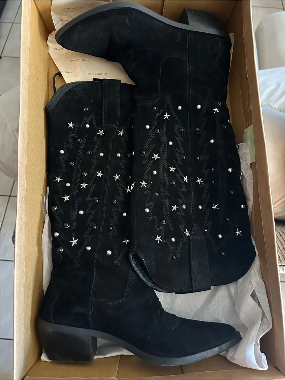 Black Studded Knee-High Women's cowboy cowgirl Boots